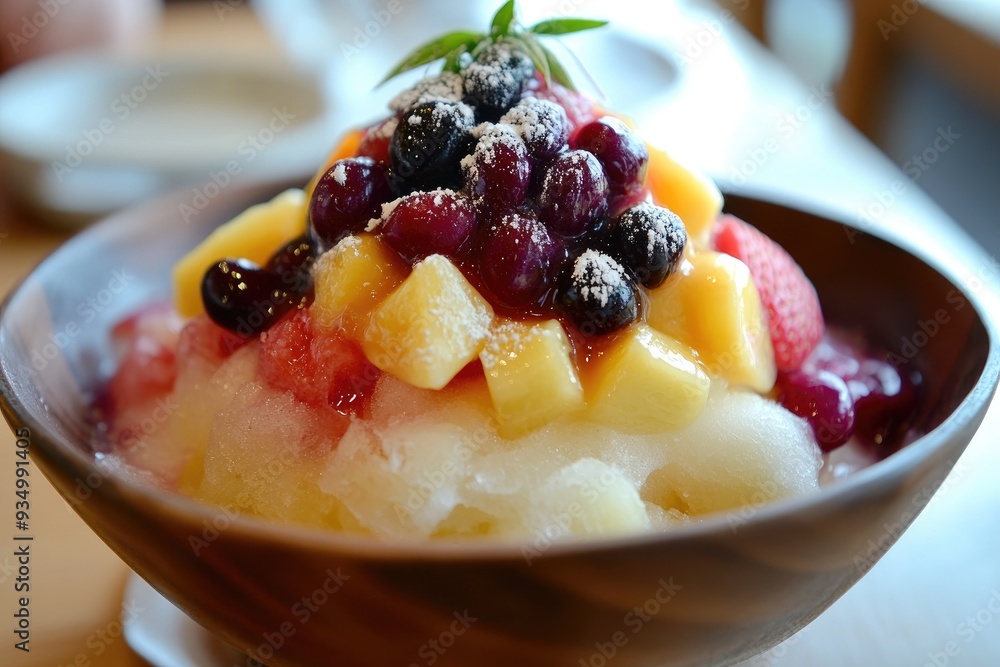 Close-up of a bowl of shaved ice with a variety of fruits, including pineapple, strawberries, blueberries, and grapes. The ice is topped with powdered sugar and a sprig of mint. Close-up of a bowl of shaved ice with a variety of fruits, including pineapple, strawberries, blueberries, and grapes. The ice is topped with powdered sugar and a sprig of mint.