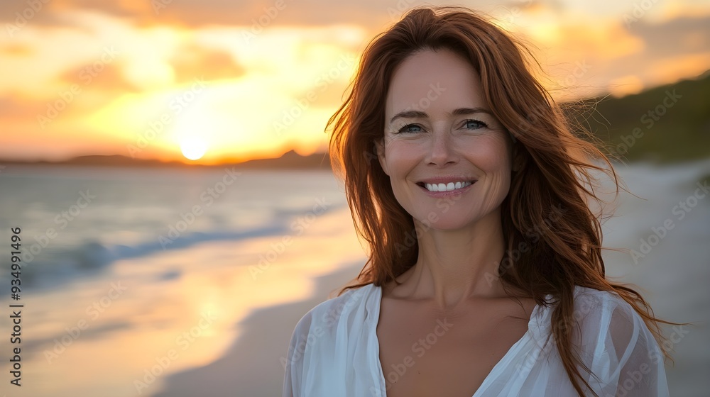 Beautiful Woman Smiling at Sunset on the Beach. Beautiful Woman Smiling at Sunset on the Beach.