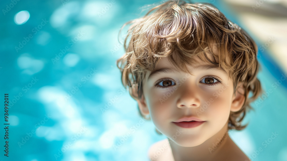 A cheerful young child with curly hair gazes at the camera, surrounded by the vibrant blue waters of a swimming pool on a sunny day, copy space A cheerful young child with curly hair gazes at the camera, surrounded by the vibrant blue waters of a swimming pool on a sunny day, copy space