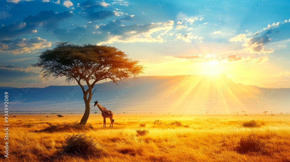Fototapeta premium A Lone Giraffe Stands in the Savanna at Sunset