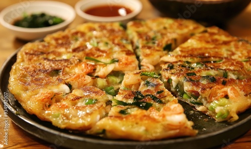 Closeup of a crispy, golden-brown seafood pancake with green onions and shrimp on a black plate.