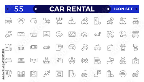 Car and rent simple minimal thin line icons. Related car rent, repair, transport, travel. Car dealer, vehicle and automobile industry related outline icons set.