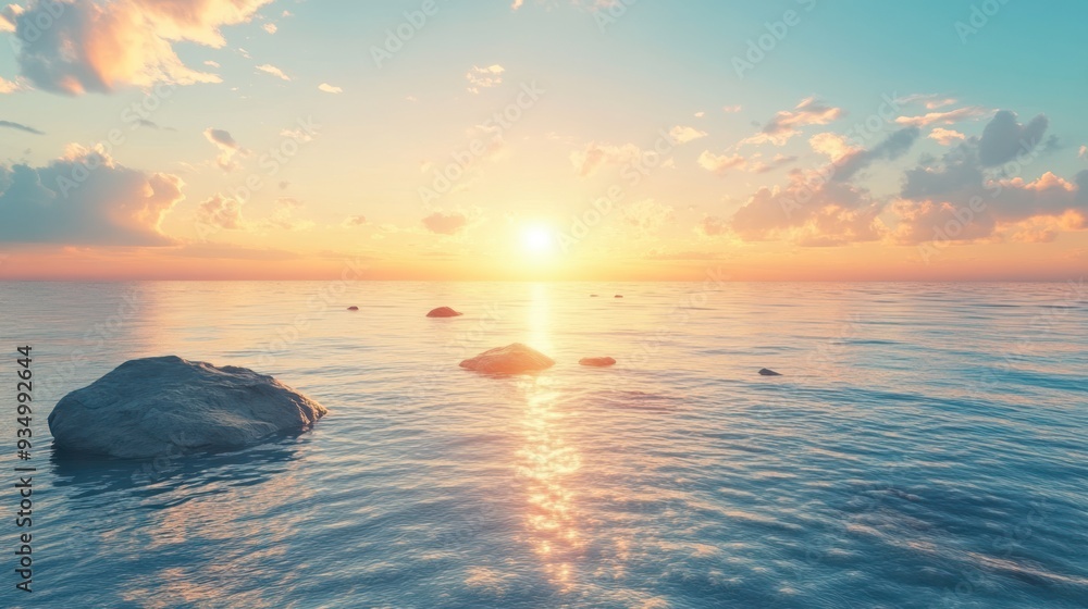 Naklejka premium Sunset Over Calm Ocean With Rocks