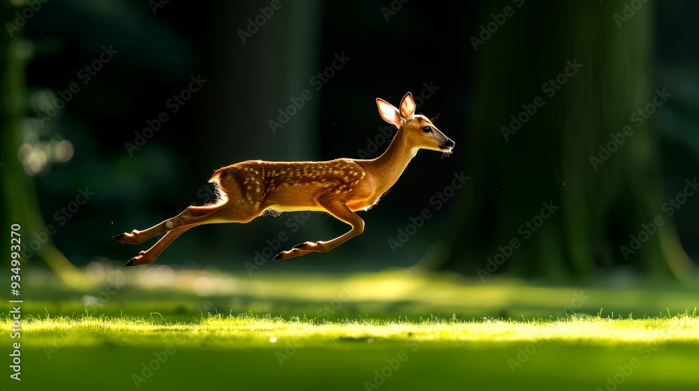 A Young White-Tailed Deer Fawn Leaping Through a Forest Clearing A Young White-Tailed Deer Fawn Leaping Through a Forest Clearing