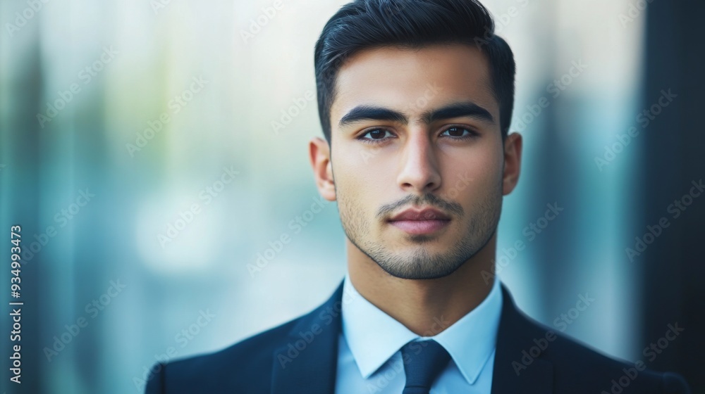 Detailed headshot of a young male executive with a clear, serious expression, in business attire, set against a soft-focus background Detailed headshot of a young male executive with a clear, serious expression, in business attire, set against a soft-focus background