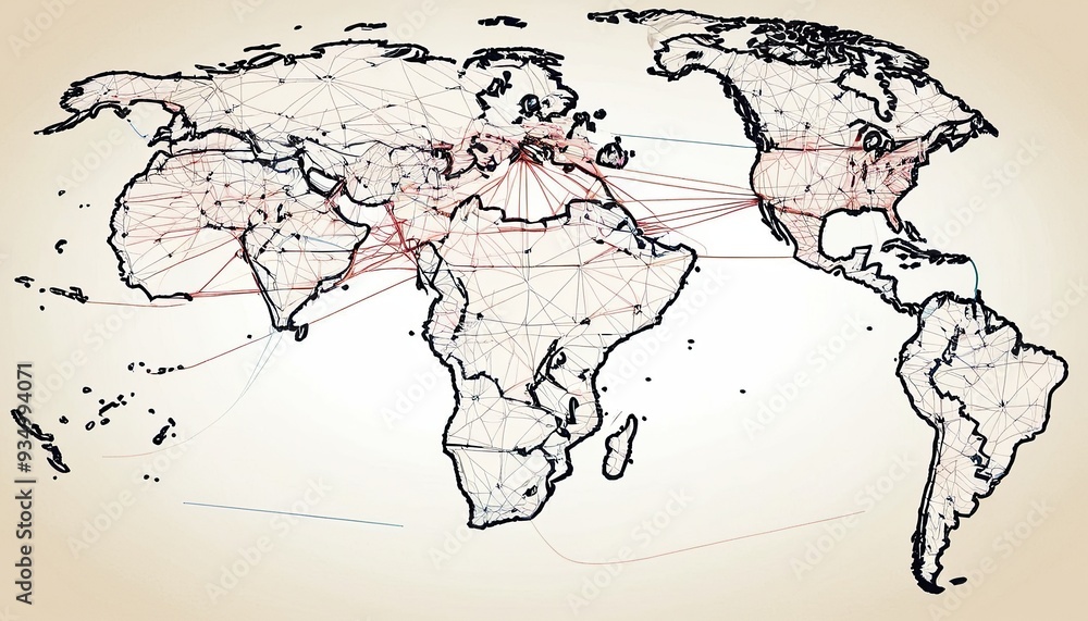 Fototapeta premium Business Network Illustrated Through an Interconnected World Map. Concept Global Business, Network Illustration, Interconnected World, Maps 6