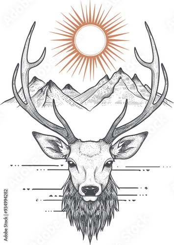 Fine Line Deer Illustration with Antlers, Moon, and Mountain Landscape under a Starry Night Sky, tattoo Design.