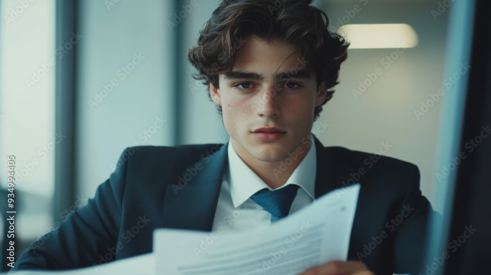 Detailed shot of a young male executive with a clear face and professional attire, sitting at a desk with business documents Detailed shot of a young male executive with a clear face and professional attire, sitting at a desk with business documents