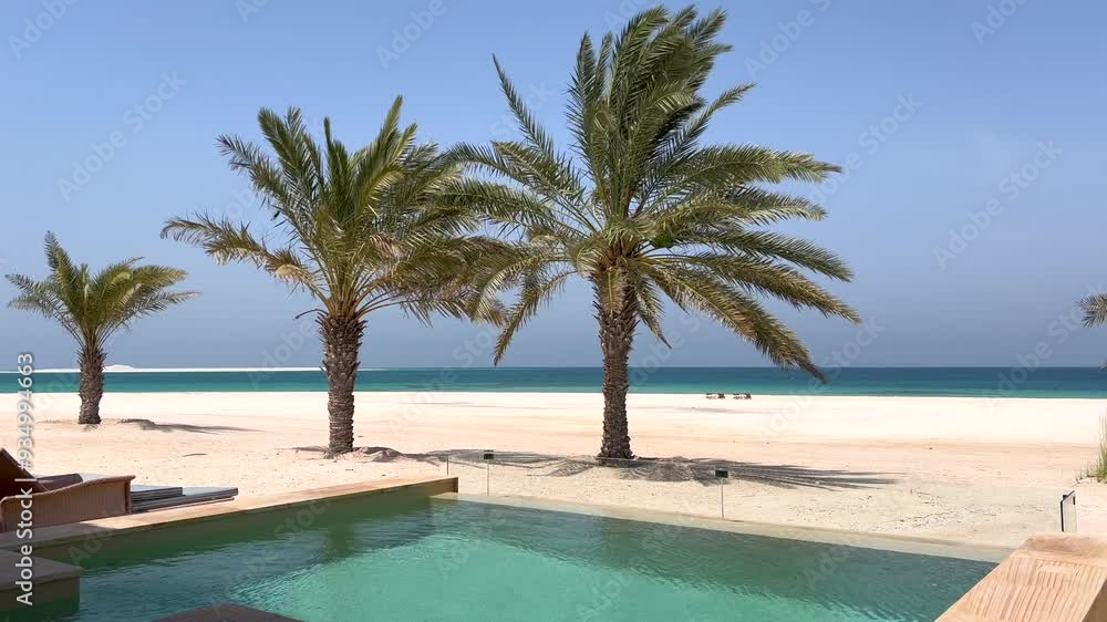 Tranquil travel destination with luxury hotel, blue swimming pool, and palm trees. Reflective palm leaves and clear sky enhance tropical vacation experience. Perfect for outdoor relaxation Tranquil travel destination with luxury hotel, blue swimming pool, and palm trees. Reflective palm leaves and clear sky enhance tropical vacation experience. Perfect for outdoor relaxation