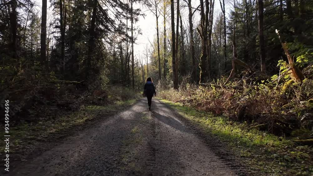 A woman with a backpack walks down a gravel path in a forest. The sun is shining through the trees, creating a sense of peace and tranquility. British Columbia, Canada. A woman with a backpack walks down a gravel path in a forest. The sun is shining through the trees, creating a sense of peace and tranquility. British Columbia, Canada.