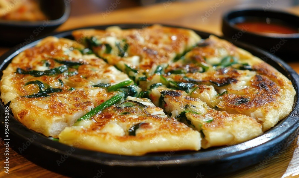 Closeup of crispy, golden brown savory pancakes with green vegetables in a black skillet on a wooden table. Closeup of crispy, golden brown savory pancakes with green vegetables in a black skillet on a wooden table.