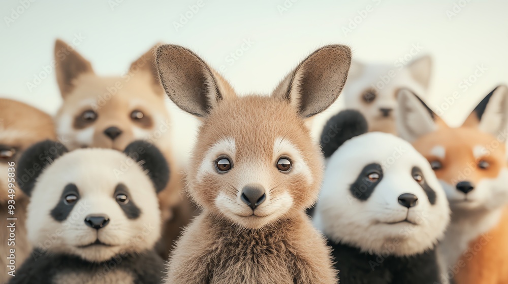 Adorable mixed group of cute animals including kangaroo, panda, and fox in a close-up portrait with soft pastel background. Adorable mixed group of cute animals including kangaroo, panda, and fox in a close-up portrait with soft pastel background.