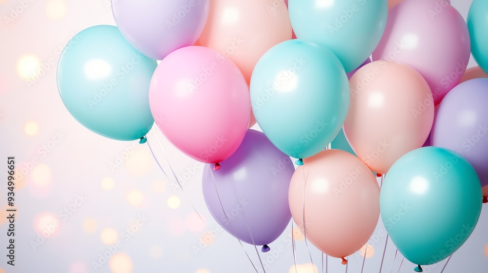 Colorful helium balloons in pastel shades floating against a soft, blurry background. Ideal for celebration, party, or festive themes. Colorful helium balloons in pastel shades floating against a soft, blurry background. Ideal for celebration, party, or festive themes.