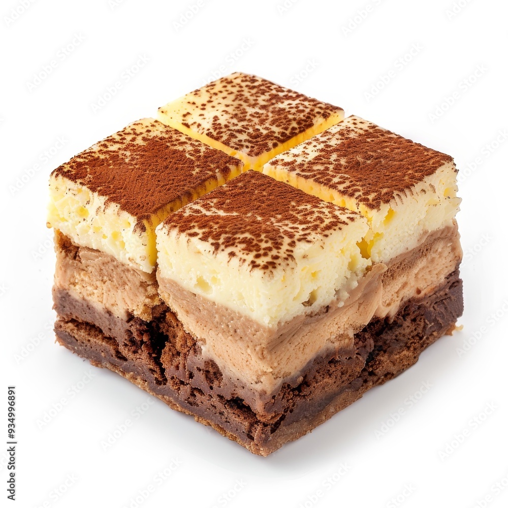 A square piece of chocolate cake with layers of white frosting and chocolate filling, dusted with cocoa powder. A square piece of chocolate cake with layers of white frosting and chocolate filling, dusted with cocoa powder.