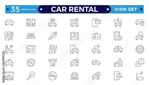 Car and rent simple minimal thin line icons. Related car rental, repair, transport, and travel. Car dealer, vehicle, and automobile industry-related outline icons set. Editable stroke outline icon. 