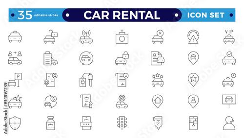 Car and rent simple minimal thin line icons. Related car rental, repair, transport, and travel. Car dealer, vehicle, and automobile industry-related outline icons set. Editable stroke outline icon. 