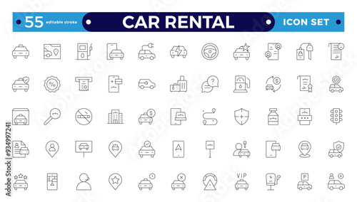 Car and rent simple minimal thin line icons. Related car rental, repair, transport, and travel. Car dealer, vehicle, and automobile industry-related outline icons set. Editable stroke outline icon. 