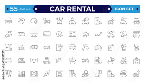 Car and rent simple minimal thin line icons. Related car rental, repair, transport, and travel. Car dealer, vehicle, and automobile industry-related outline icons set. Editable stroke outline icon. 