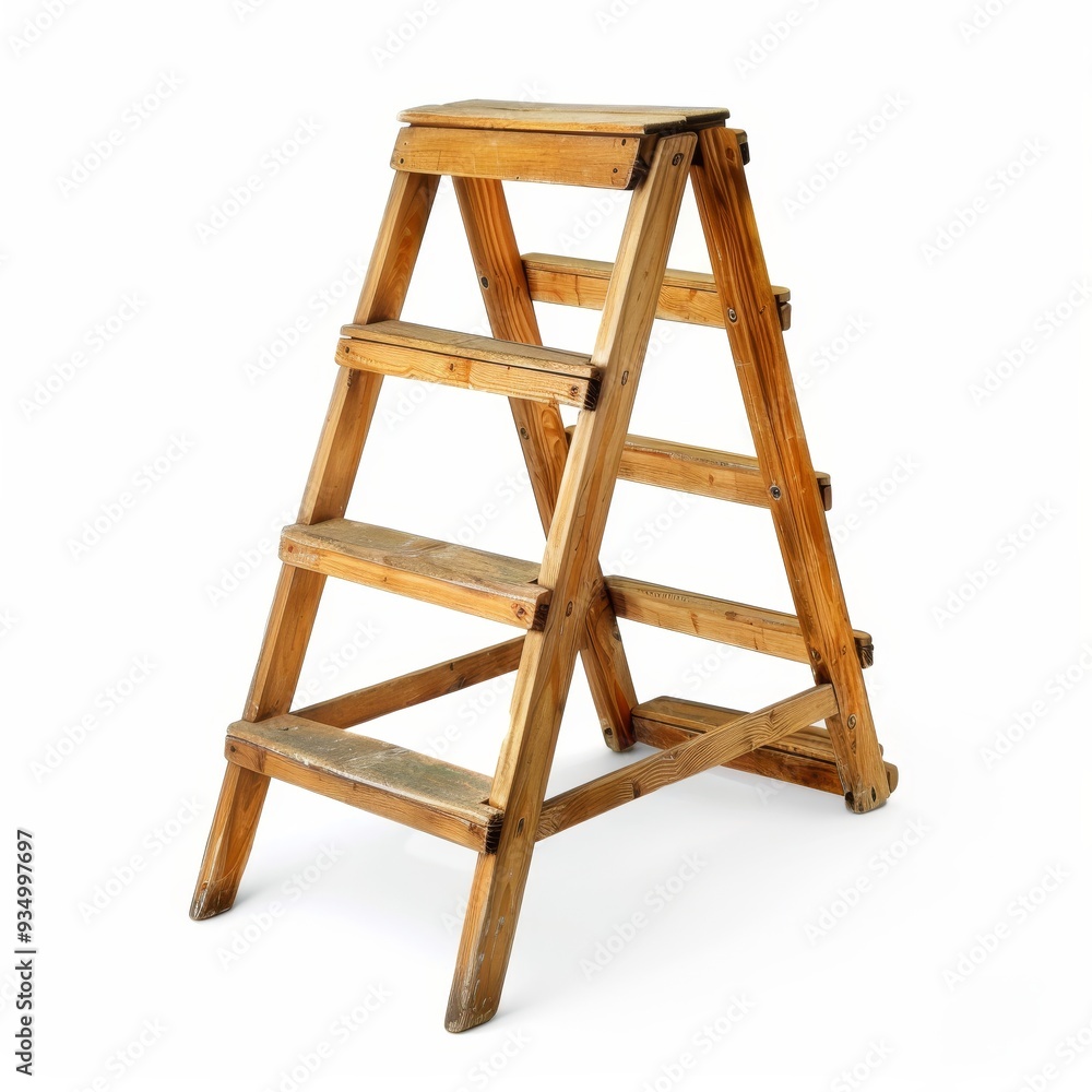 A sturdy wooden step ladder with four steps, isolated on a white background. A sturdy wooden step ladder with four steps, isolated on a white background.