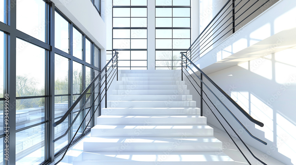 A contemporary stairway with white open riser steps, black metal railings, and a clean, geometric design. The stairway is surrounded by large windows that flood the space with natural light.