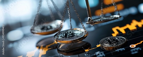 Bitcoin Cryptocurrency on a Scale with a Chart in the Background