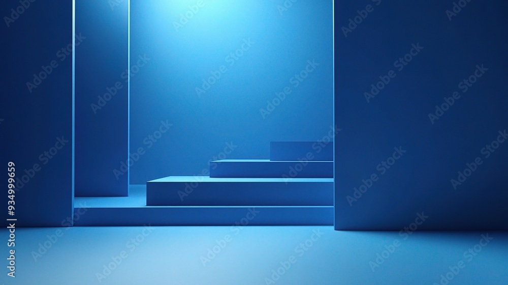 Blue Serenity: A minimalist platform set against a vibrant blue backdrop, bathed in soft overhead lighting. Blue Serenity: A minimalist platform set against a vibrant blue backdrop, bathed in soft overhead lighting.