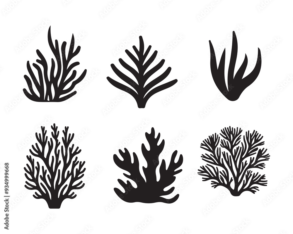 Set of sea corals and seaweed black silhouette. Aquarium plants, underwater ocean flora, algae. Vector illustration isolated on white background. ,Coral reef black silhouettes Set of sea corals and seaweed black silhouette. Aquarium plants, underwater ocean flora, algae. Vector illustration isolated on white background. ,Coral reef black silhouettes