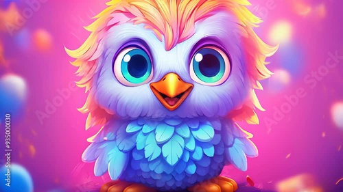 Colorful cartoon bird character on a vibrant background surrounded by playful circles, showcasing a whimsical atmosphere ideal for children photo