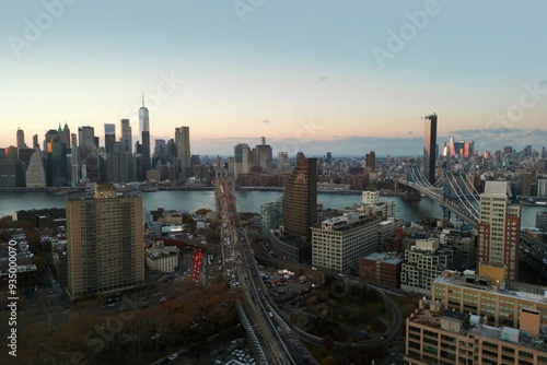 Panoramic cityscape about lower Manhattan's skyscrapers. New York City skyline. Buildings of New York. New York Buildings. Skyline of NYC. Brooklyn Bridge buildings of Manhattan in New York City NYC.