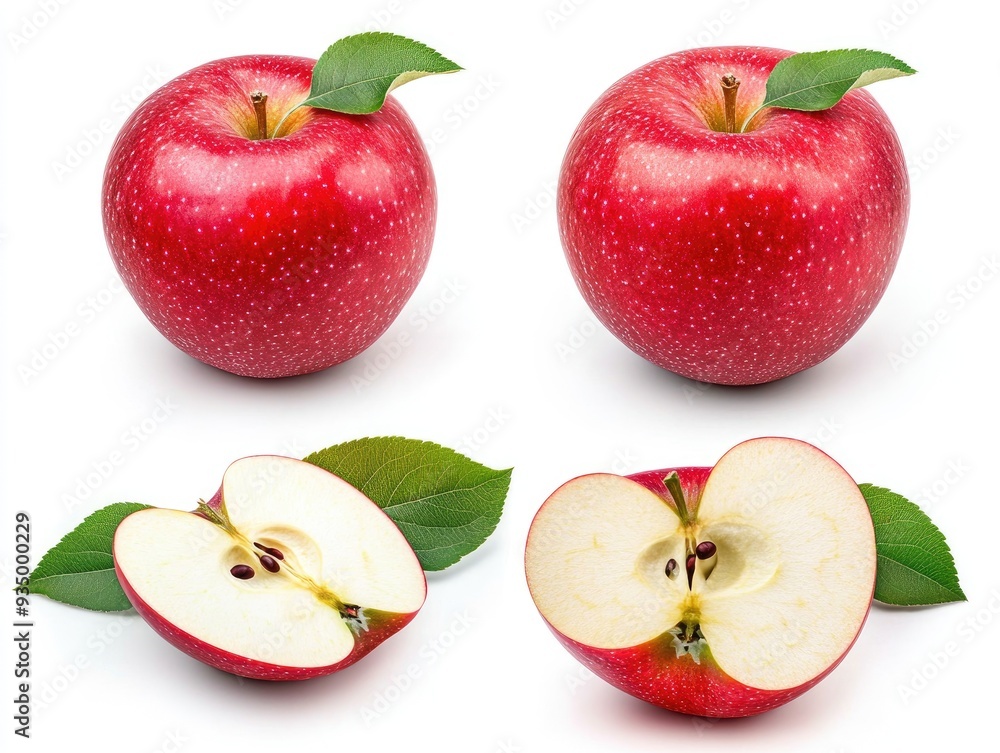 Fresh red apple with leaves and a sliced apple isolated on white background.