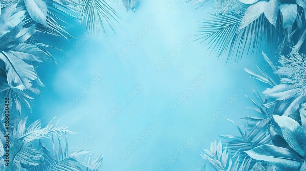 Azure Oasis: Lush tropical foliage frames a serene blue backdrop, offering a tranquil canvas for text or design. Azure Oasis: Lush tropical foliage frames a serene blue backdrop, offering a tranquil canvas for text or design.
