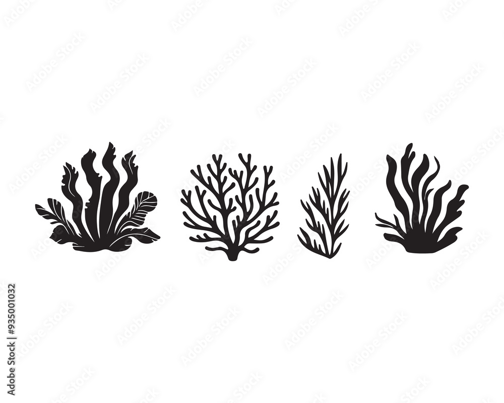 Set of sea corals and seaweed black silhouette. Aquarium plants, underwater ocean flora, algae. Vector illustration isolated on white background. ,Coral reef black silhouettes Set of sea corals and seaweed black silhouette. Aquarium plants, underwater ocean flora, algae. Vector illustration isolated on white background. ,Coral reef black silhouettes