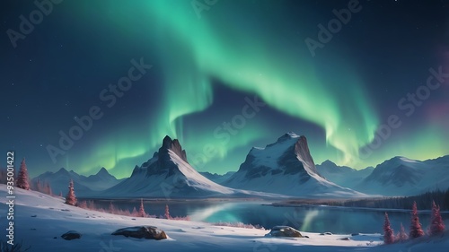 Digital artwork depicting a breathtaking landscape of a serene, snow covered mountainous region under a night sky illuminated by vibrant auroras