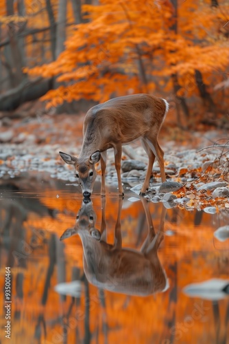 Against a backdrop of fiery autumn foliage, a deer pauses to drink from a brook, its reflection mirroring the vibrant colors of the surrounding landscape.