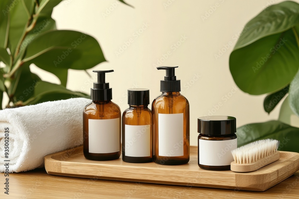 A wooden tray with a variety of bottles and a brush A wooden tray with a variety of bottles and a brush