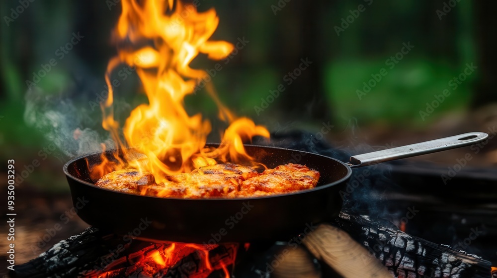 Sizzling hot chicken being cooked over an open flame in a pan, set in a scenic outdoor setting with green forest in the background. Sizzling hot chicken being cooked over an open flame in a pan, set in a scenic outdoor setting with green forest in the background.