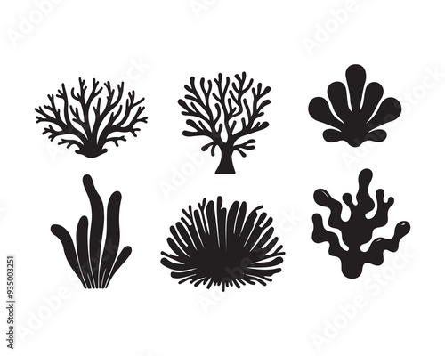 Set of sea corals and seaweed black silhouette. Aquarium plants, underwater ocean flora, algae. Vector illustration isolated on white background. ,Coral reef black silhouettes