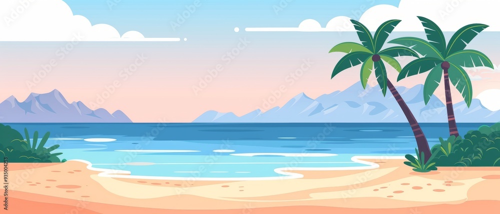 Obraz premium A tranquil beach setting with palm trees, gentle waves, and mountains under a pastel sky, inviting relaxation and escape