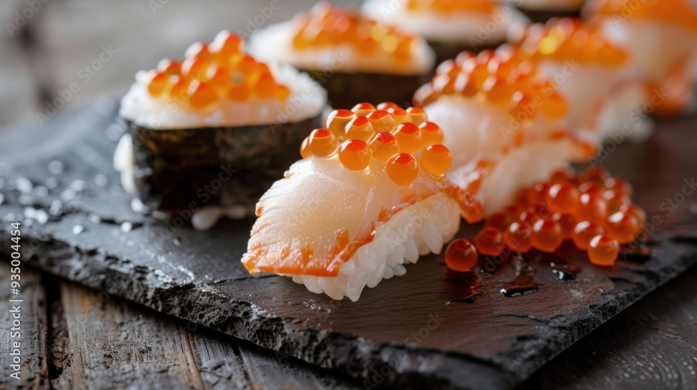 A beautifully arranged set of nigiri sushi topped with red caviar, presented on a black slate plate, set against a rustic wooden table, showcasing exquisite Japanese cuisine A beautifully arranged set of nigiri sushi topped with red caviar, presented on a black slate plate, set against a rustic wooden table, showcasing exquisite Japanese cuisine
