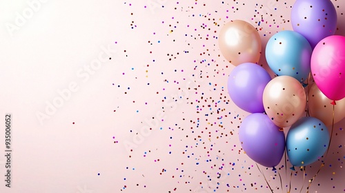 Pastel Balloons and Confetti: A cluster of pastel-colored balloons and confetti float on a blush pink background, creating a whimsical and festive backdrop. 