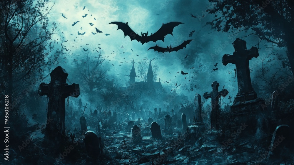 A Spooky Halloween Scary Graveyard Scene Bats Flying Tombstones Pumpkins Halloween Night Glowing Moon Scary Haunted Sky Background Illustration A Spooky Halloween Scary Graveyard Scene Bats Flying Tombstones Pumpkins Halloween Night Glowing Moon Scary Haunted Sky Background Illustration