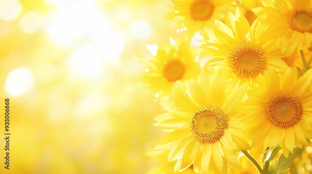 Fototapeta premium Sun-Kissed Sunflower Bloom: A radiant cluster of sunflowers bathed in warm sunlight, their petals unfurling in a symphony of yellow, capturing the essence of summer's golden glow. 