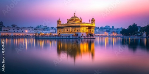 Majestic 3D Golden Temple: Abstract Artistic Representation of Shri Harmandir Sahib in Amritsar. Elegant Minimalist Design with Gradient Textures, Ideal for Cultural Marketing, UI Backgrounds, and Hig