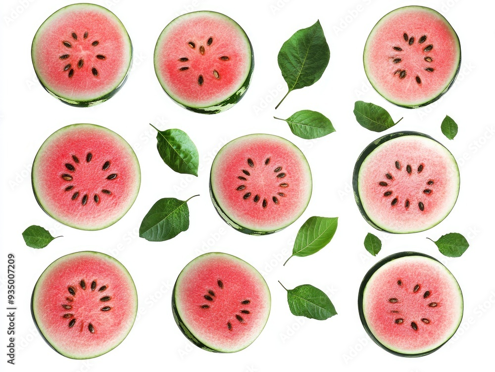 Nine watermelon slices with green leaves arranged in a pattern on a white background. Nine watermelon slices with green leaves arranged in a pattern on a white background.