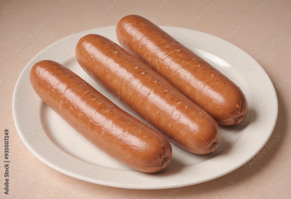 three frankfurter sausages on a white plate three frankfurter sausages on a white plate