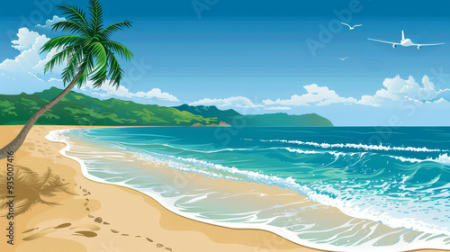 Wallpaper Mural A sunny beach features a palm tree, soft sands, and calm sea waves under a vibrant sky, perfect for rest and relaxation Torontodigital.ca