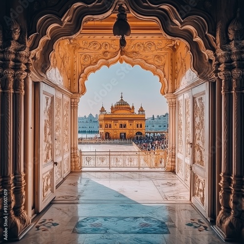 Majestic 3D Golden Temple: Abstract Artistic Representation of Shri Harmandir Sahib in Amritsar. Elegant Minimalist Design with Gradient Textures, Ideal for Cultural Marketing, UI Backgrounds, and Hig