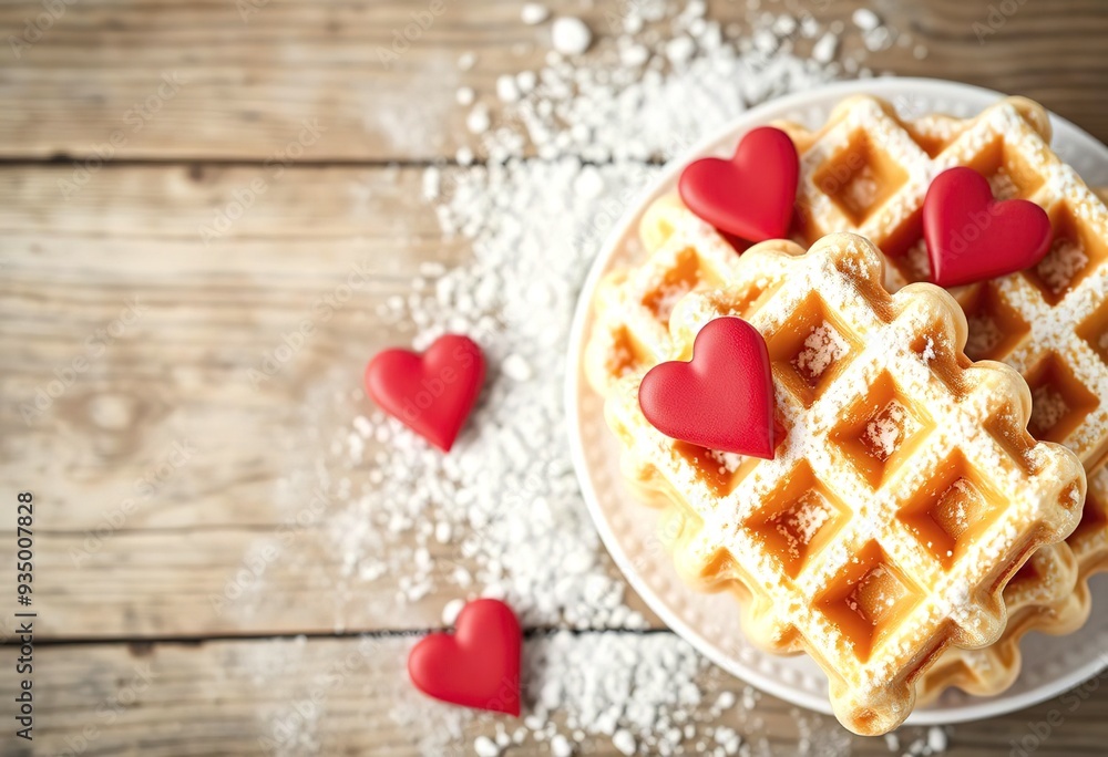 Belgian waffles with powdered sugar and red hearts on rustic wooden background Belgian waffles with powdered sugar and red hearts on rustic wooden background