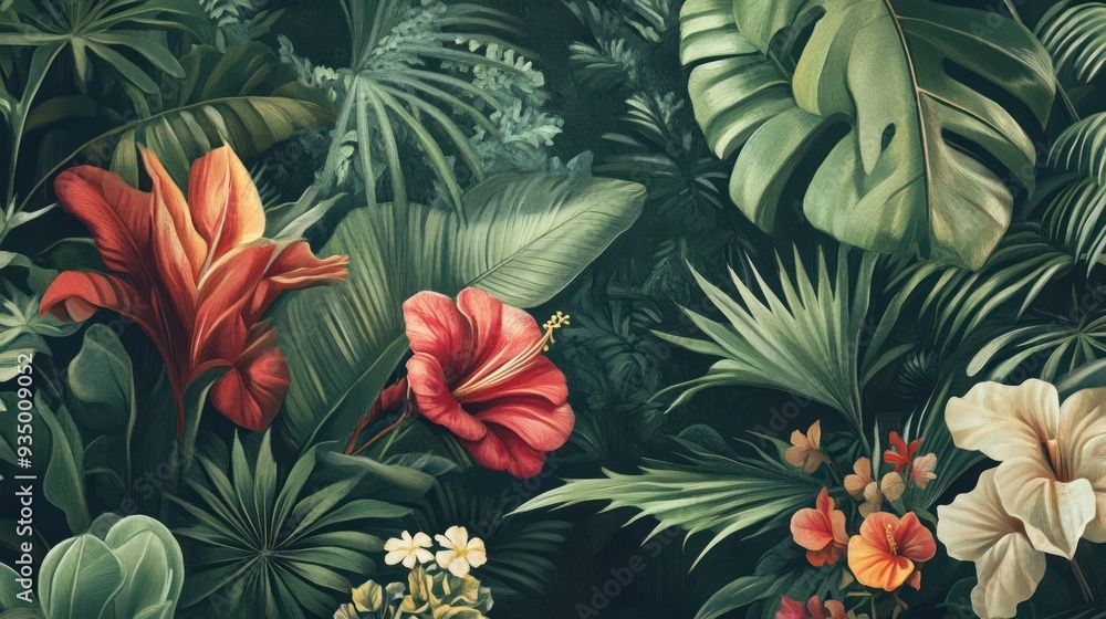 Lush Tropical Foliage with Vibrant Flowers Lush Tropical Foliage with Vibrant Flowers