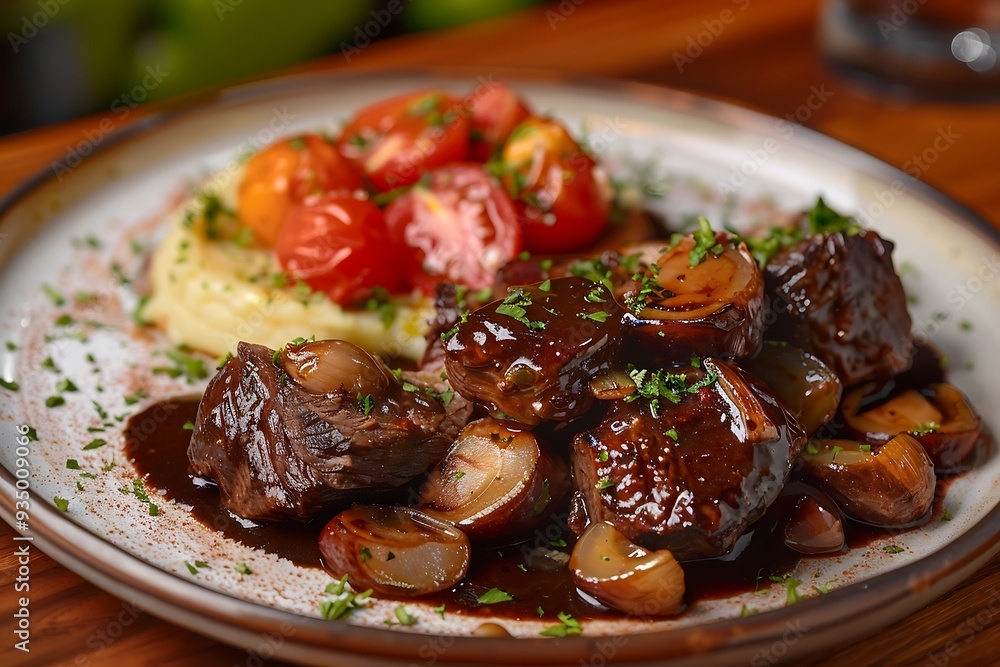Beef Bourguignon in wine sauce served in a restaurant Beef Bourguignon in wine sauce served in a restaurant